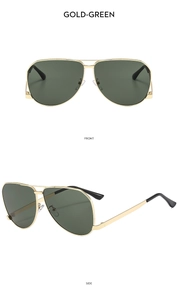 Front and side view of gold metal aviator sunglasses with green lenses and double bridge