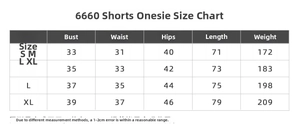 Detailed size chart for solid yoga bodysuit with bust, waist, and hip measurements