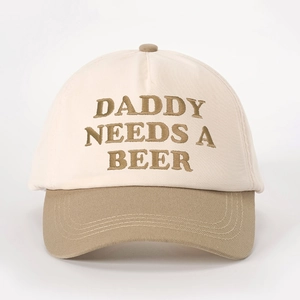 Retro two-tone baseball cap featuring Daddy Needs A Beer embroidery and adjustable strap
