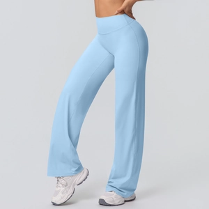 Side view of high-waisted flared yoga pants in light blue with premium elastic fabric