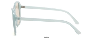 Side view of light blue translucent sunglasses showing metal hinge and curved temple arms