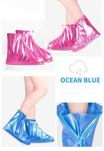 Detail showing waterproof zipper and elastic drawstring on PVC rain overshoes