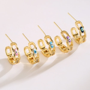 5er-Set 14K vergoldete Creolen mit Emaille-Augen und glänzenden Zirkonia-Steinen