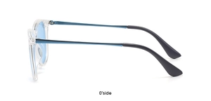 Side view detail of children's oval sunglasses with transparent frame and blue lenses