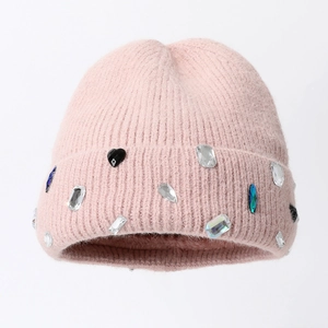 Bonnet Beanie Chaud Hiver Femmes Décoré Strass Fausse Pierre Précieuse Bonnet Tricoté Peluche Chic Mode Extérieur