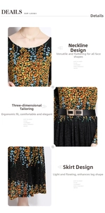 Detalle de cuello redondo, estampado floral, cinturón y dobladillo de encaje suave