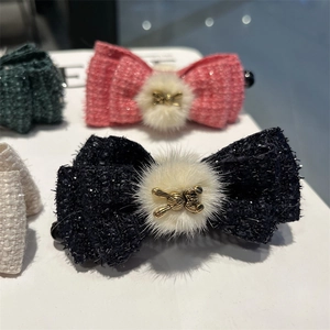 Elegant wool bow banana hair clips with fur pompom and golden rabbit charms set