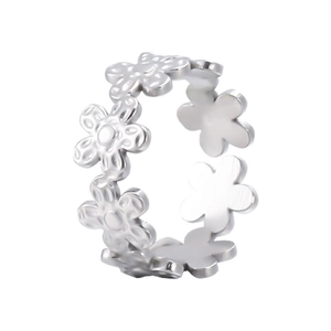 Detailed view of silver stainless steel open ring with daisy flower pattern design