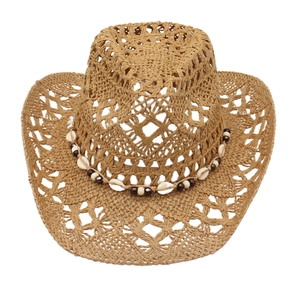 Women Straw Cowboy Hat Hollow Woven Beach Sun Hat With Shell Beads Wide Brim Western Bohemian Style