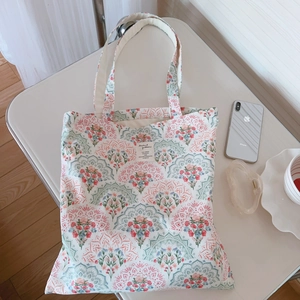 French oil painting style floral cotton tote bag with pink and teal mandala patterns