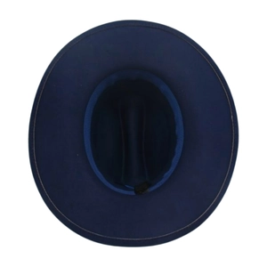 Vista superior detallada de un sombrero fedora de lana azul marino de ala ancha