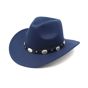 Navy blue wool felt cowboy hat with black leather band and silver metal studs decoration