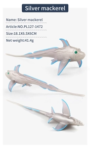 Detailed silver mackerel toy model with scale texture and blue fins on white background