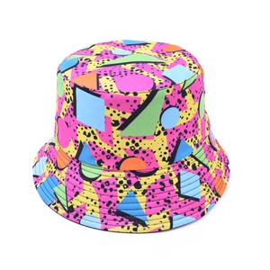 Unisex retro pop style bucket hat featuring vibrant geometric prints and polka dots