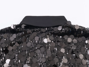 Detail shot of shimmering black sequins and smooth neckline on a long sleeve party blouse