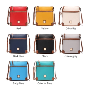 Detailed overview of eight color options for pebble leather crossbody bags with metal plaques