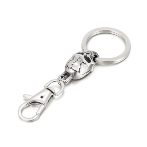 Silver stainless steel skull keychain with metal ring and lobster clasp in punk style