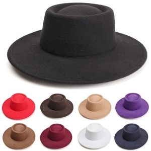 Vintage Flat Top Boater Hat Wide Brim Polyester Felt Jazz Fedora For Party Elegant Retro Style