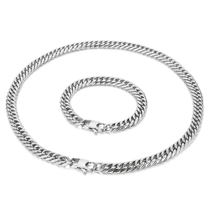 Polished silver stainless steel Cuban chain necklace and bracelet set for men