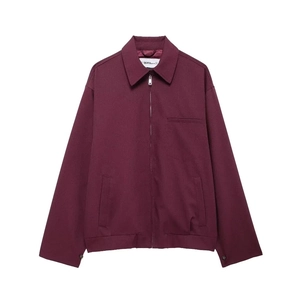 Burgundy lapel zip-up jacket with chest pockets and cuffed sleeves on white background