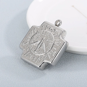 Silver stainless steel square pendant with cross relief and Latin SANCTVS text engraving