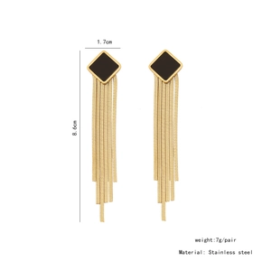 Detailed size specifications for long gold tassel earrings with black square studs