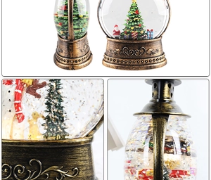 Close-up of vintage bronze Christmas lantern with spinning snow globe and Santa scenery