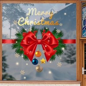 Christmas window sticker featuring red bow, pine needles and festive holiday ornaments