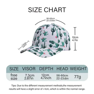 Size guide for printed baseball cap with brim length, head depth, and weight details