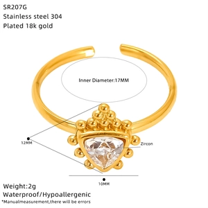 Detailed size specifications of 18K gold plated ring with triangular zircon inlay