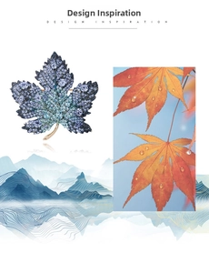 Macro detail of maple leaf brooch featuring blue-purple crystals on a golden base