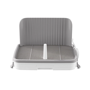 Large dog training potty tray with mesh grate and removable pillar in grey and white