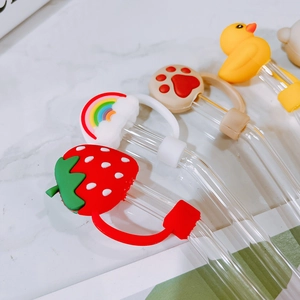 Cute high borosilicate glass straws with strawberry and duck silicone doll covers