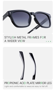 Detailed view of black polarized sunglasses with propionic acid plate temples and metal trim