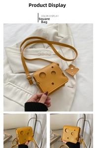 Detail view of mini yellow cheese-shaped square bag with hollow holes and matching pendant