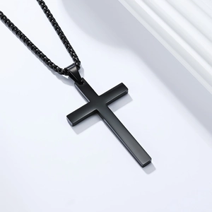 Polished black stainless steel cross pendant necklace for men in a minimalist style