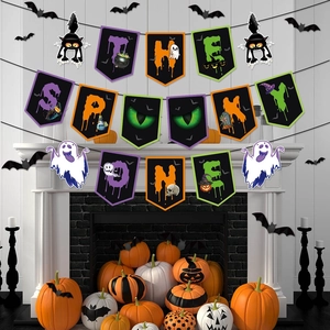 Halloween fireplace mantle decorated with The Spooky One banner and festive pumpkin props
