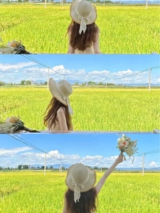 Multiple views of beige straw hat with white bow ribbon shown against blue sky and field