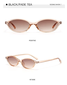 Detailed views of oval sunglasses with transparent frames and fade tea tinted lenses