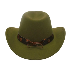 Olive green vintage jazz fedora hat with patterned ethnic band and leather bow detail