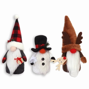 Three Christmas gnome plush figurines including buffalo plaid and reindeer styles for decor