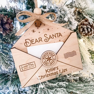 Wooden Christmas Envelope Hanging Ornament Dear Santa Letter Engraved Wood Decor With Bell Hemp Rope Bow Rustic Holiday