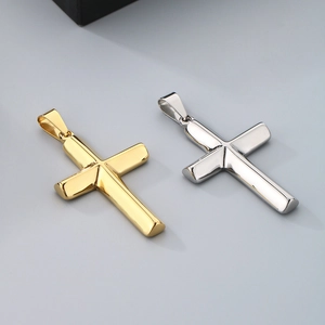 Polished gold and silver stainless steel cross pendants with smooth mirror finish
