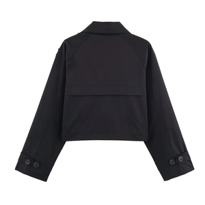 Back view of a black short trench coat featuring a professional double-layered flap design