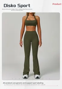 Detail of olive green halter sports bra and flared yoga pants on studio model