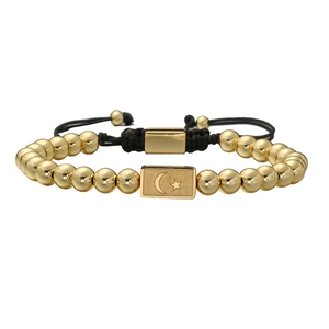 Handmade woven gold beaded bracelet featuring a star and moon motif square pendant