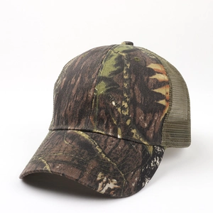 Detail of forest camouflage baseball cap showing breathable mesh and reinforced brim stitching
