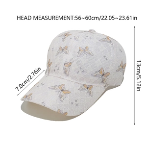 Detailed dimensions of white lace baseball cap with orange butterfly prints and mesh