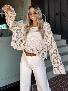 Bohemian off-white crochet hollow-out beach cover-up top with flare sleeves