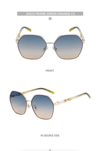 Detail view of square gold metal sunglasses with blue-orange gradient lenses in C5 style